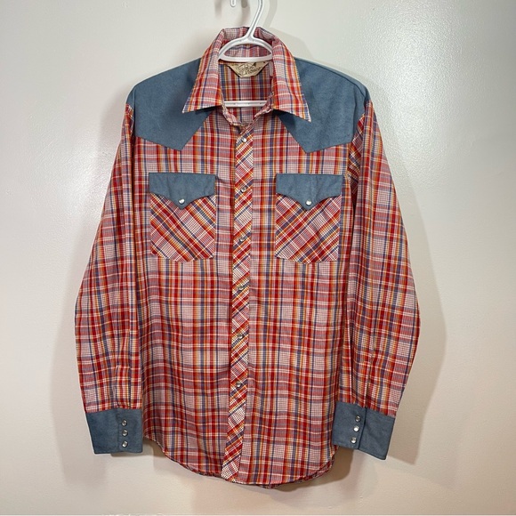 Bronco Other - Vintage Bronco Western Shirt Mens Medium Madras Plaid Pearl Snap Cowboy Rodeo